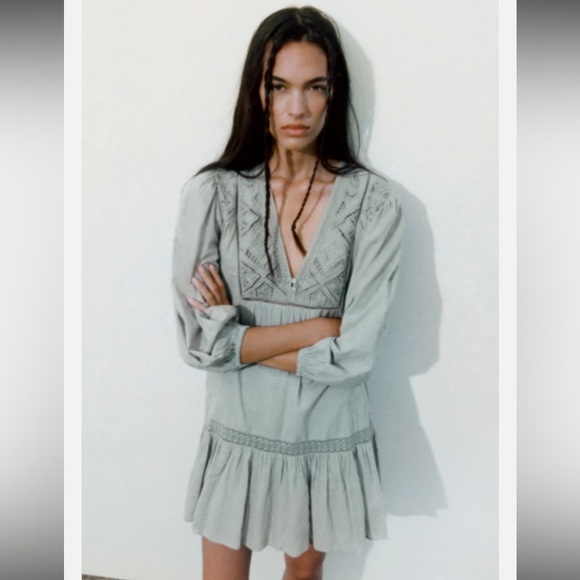 Zara Sage Green Embroidered Boho Babydoll Mini Dress Size Small - Picture 4 of 8